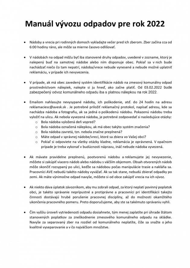 Manuál vývozu odpadov pre rok 2022