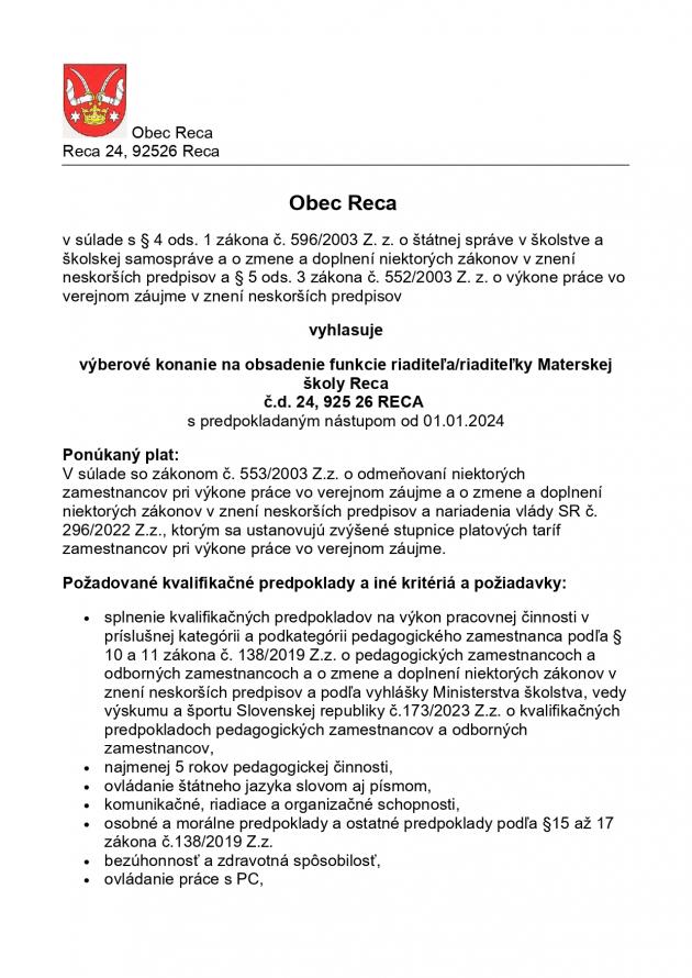 Výberové konanie na obsadenie funkcie riaditeľa/riaditeľky MŠ Reca 1
