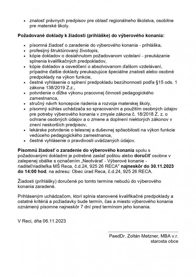 Výberové konanie na obsadenie funkcie riaditeľa/riaditeľky MŠ Reca 2