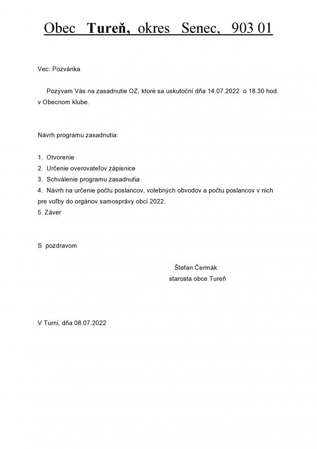 Pozvánka na zasadnutie OZ 